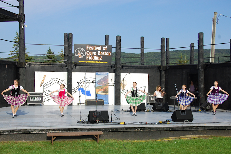 Dancers from the Kelly MacArthur School of Dance highland dancing to the music of Leanne Aucoin on fiddle and Dawn MacDonald-Gillis on keyboard