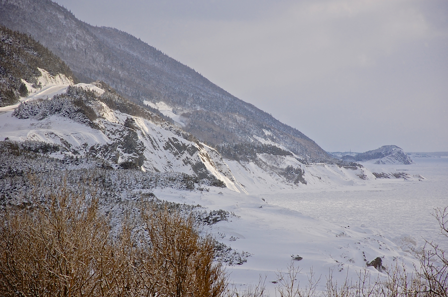 Snowy coast below the Cabot Trail