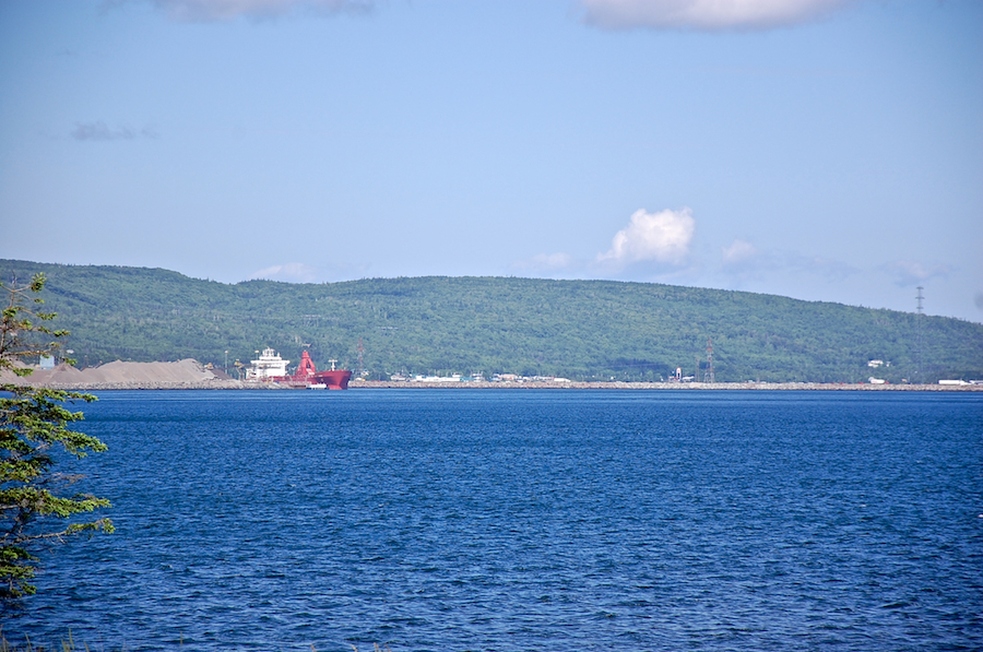 The southwestern end of the Canso Causeway from the Pioneer Cemetery