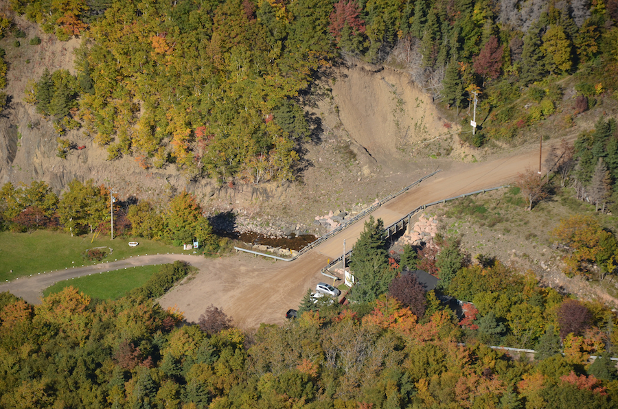 The new bridge at the south end of the village of Meat Cove as seen from the rock face on Meat Cove Mountain