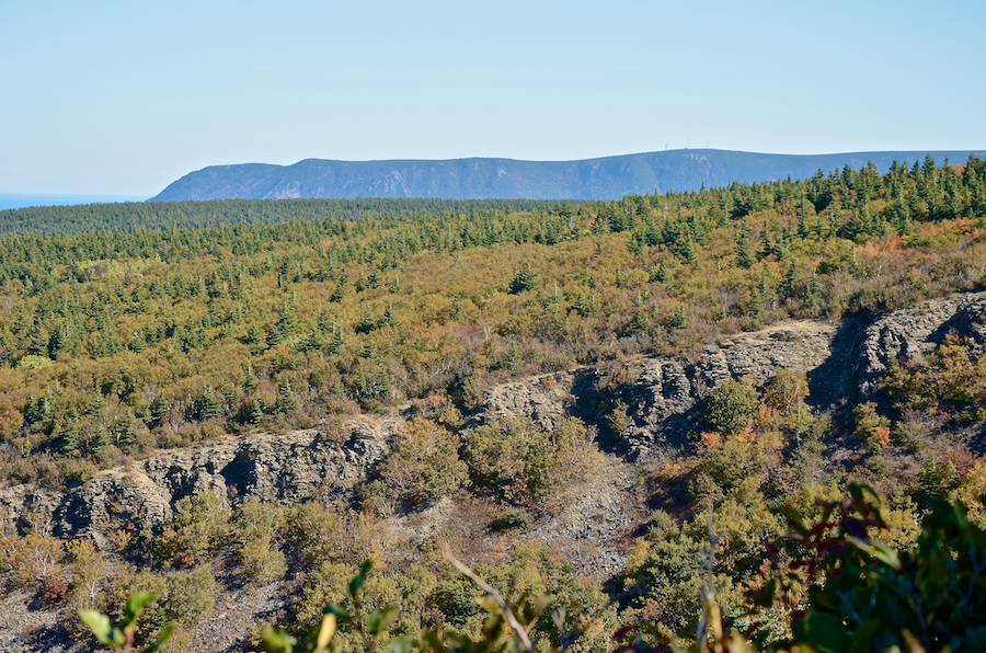 The Cape North Massif and the rocky ridge above the unnamed brook above and along which the Meat Cove Mountain Trail ascends to the col