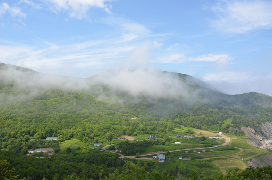 Meat Cove under a mostly lifted blanket of cloud from the Hines Oceanview Lodge